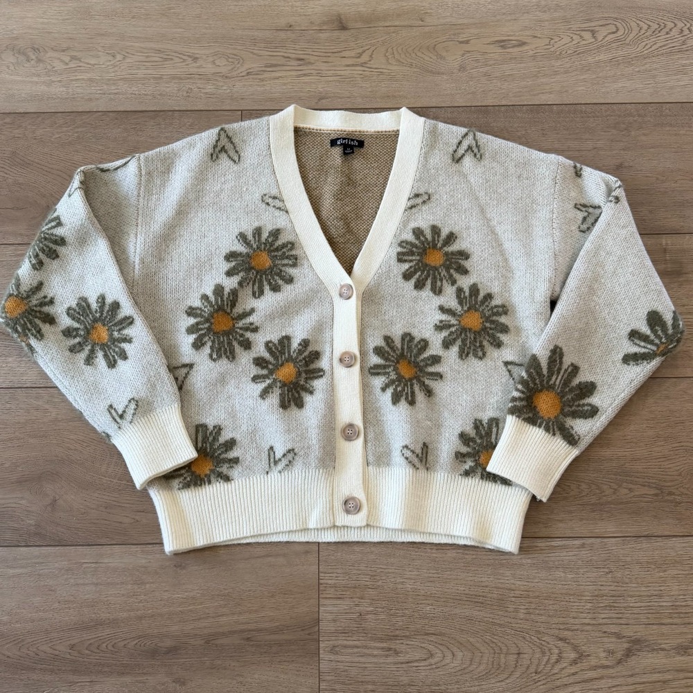 Girlish Cream Green Daisy Knit Cardigan M Button Front Floral Sweater‎ Cozy Boho